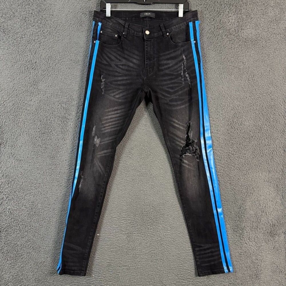 Amiri Jeans Mens 32x32 Black Broken Track Striped Skinny Fit Stretch Distressed